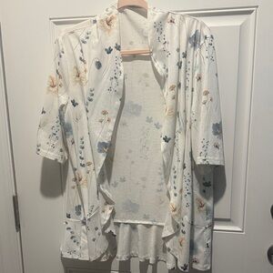 White Floral Open Front Cardigan - Soft Blue & Peach Print